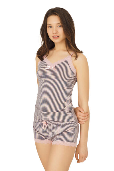 Babydoll Ριγέ Μαύρο με Ροζ Δαντέλα – Cottonhill CH1510